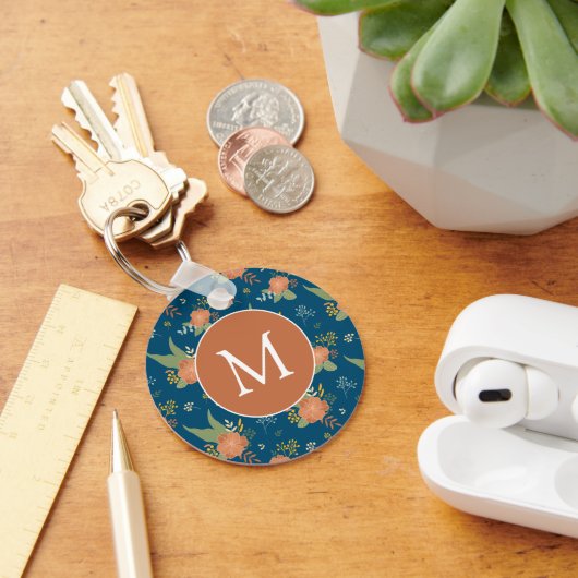 Vintage Peach Flower Pattern Dark Blue Monogram Sleutelhanger (Bureau)