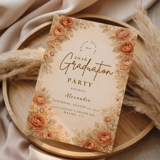 Vintage Peach Rose Graduation Party Kaart