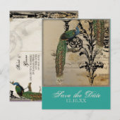 Vintage Peacock 6 Muzieknoten Candelabra Swirl Aankondigingskaart (Voorkant / Achterkant)