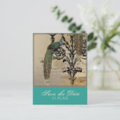 Vintage Peacock 6 Muzieknoten Candelabra Swirl Aankondigingskaart (Staand voorkant)