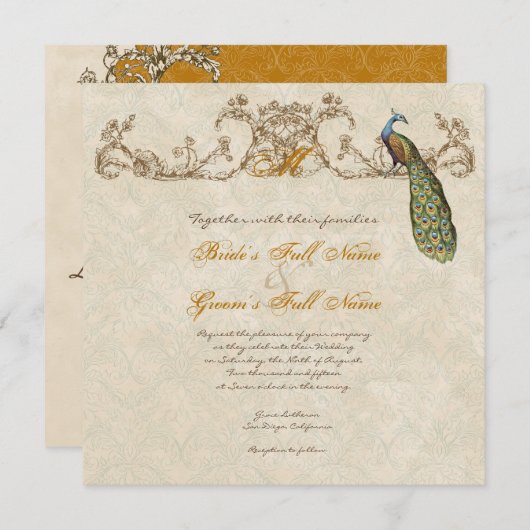 Vintage Peacock & Etchings Wedding Uitnodiging (Voorkant / Achterkant)