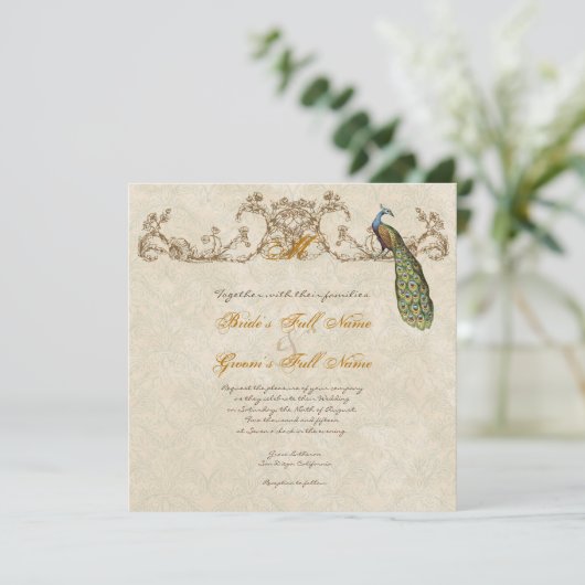 Vintage Peacock & Etchings Wedding Uitnodiging (Staand voorkant)