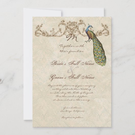 Vintage Peacock & Etchings Wedding Uitnodiging (Voorkant)