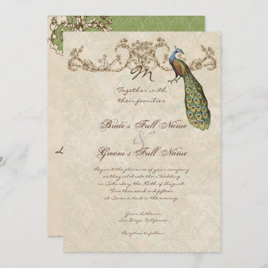 Vintage Peacock & Etchings Wedding Uitnodiging (Voorkant / Achterkant)