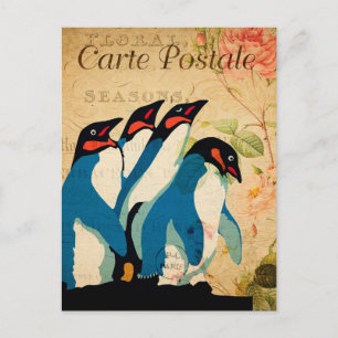 Vintage Penguins Floral Flowers Briefkaart