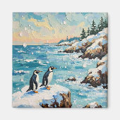 Vintage Penguins on Snowy Coastal Christmas Cliff Magneet (Voorkant)