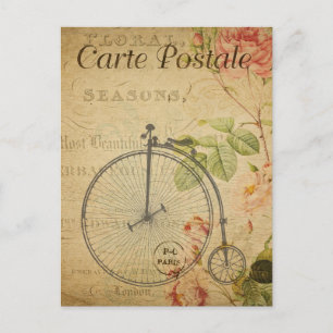 Vintage Penny Farthing Bicycle Roze Roses Frans Briefkaart