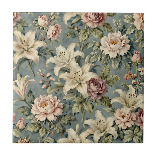 Vintage Peony Lily Floral Pattern Tegeltje (Voorkant)