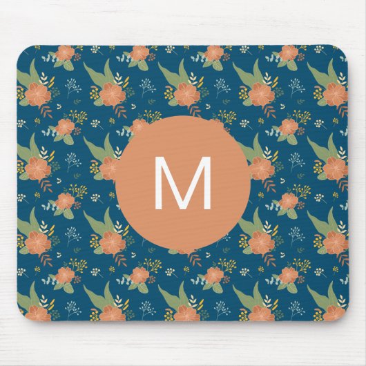 Vintage perzik en blauwe bloempatroon monogram muismat (Voorkant)