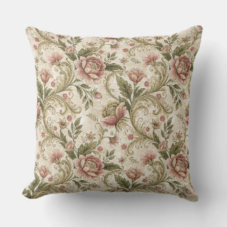 Vintage Perzik & Groene Bloemrijke Scroll Damask O Kussen