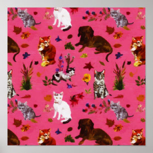 Vintage Pet Cat Dogs Floral Garden Party Poster