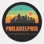 Vintage Philadelphia City Skyline Retro Sunset Ronde Sticker (Voorkant)