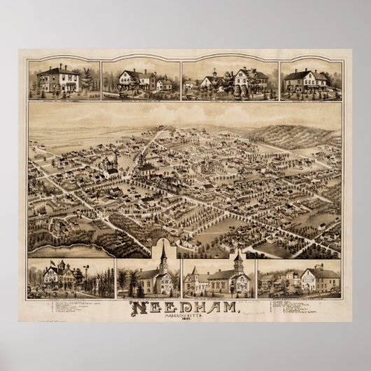 Vintage Pictorial Map of Needham MA (1887) Poster (Voorkant)