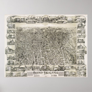 Vintage Pictorial Map of The Boston Suburbs (1888) Poster