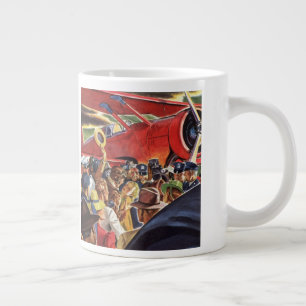 Vintage piloot met één propeller vliegtuig en papa grote koffiekop