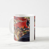 Vintage piloot met één propeller vliegtuig met pap koffiemok (Voorkant links)