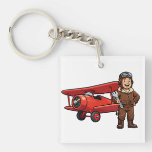 Vintage Piloot met Rode Tweedekker Cartoon Kunst Sleutelhanger