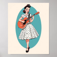 Vintage Pin-Up Meisje dat Akoestische Gitaar Speel