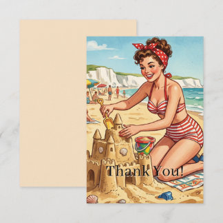 Vintage Pin-Up Meisje Maakt Zandkasteel | Persoonl Bedankkaart