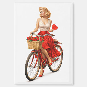 Vintage Pin-Up Meisje op Fiets met Rozen Magneet