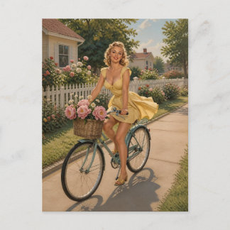 Vintage Pin-up Meisje op Fiets uit de Jaren 50 Briefkaart