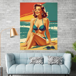 Vintage Pin-Up Strand Retro Bikinivrouw Poster
