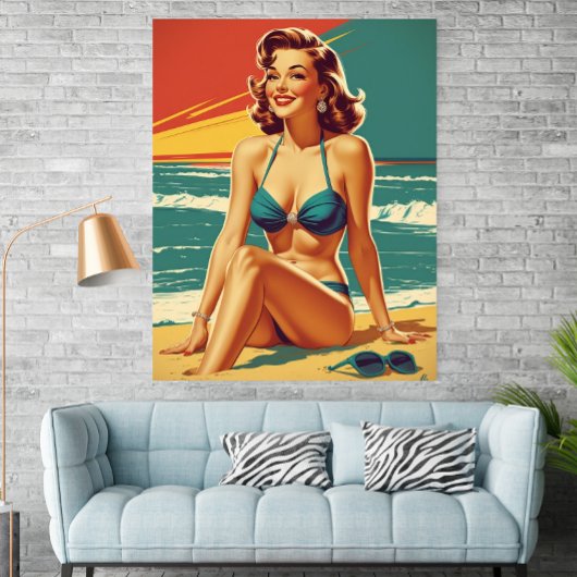 Vintage Pin-Up Strand Retro Bikinivrouw Poster