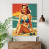 Vintage Pin-Up Strand Retro Bikinivrouw Poster