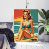 Vintage Pin-Up Strand Retro Bikinivrouw Poster