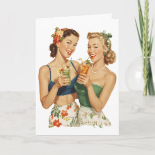 Vintage Pin-Up Zomer Cocktail Vrienden Kaart
