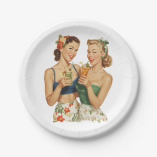 Vintage Pin-Up Zomer Cocktail Vrienden Papieren Bordje