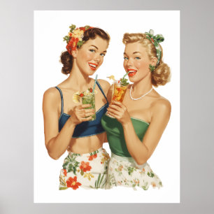 Vintage Pin-Up Zomer Cocktail Vrienden Poster