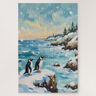 Vintage Pinguïns op Besneeuwde Kust Kerst Klif Legpuzzel