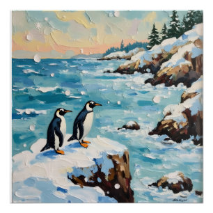 Vintage Pinguïns op Besneeuwde Kust Kerst Klif Perfect Poster