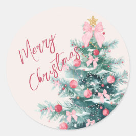 Vintage Pink and Pastel Watercolor Christmas Tree Ronde Sticker