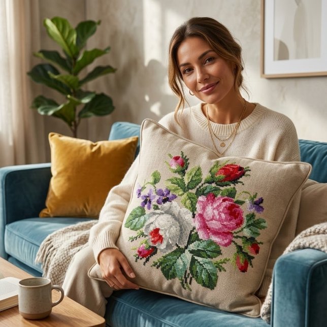 Vintage Pink and WhiteFloral Cross Stitch Kussen (Creator heeft geüpload)