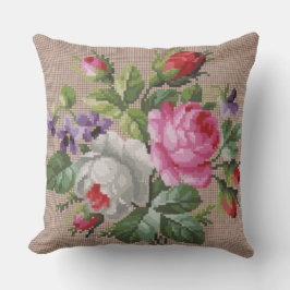 Vintage Pink and WhiteFloral Cross Stitch Kussen