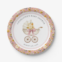 Vintage Pink Baby Carriage Floral Baby Shower Papieren Bordje