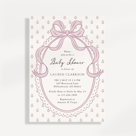 Vintage Pink Bow Frame Baby Shower Invitation Kaart