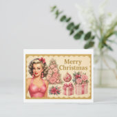 Vintage Pink Christmas Tree Postcard Briefkaart (Staand voorkant)