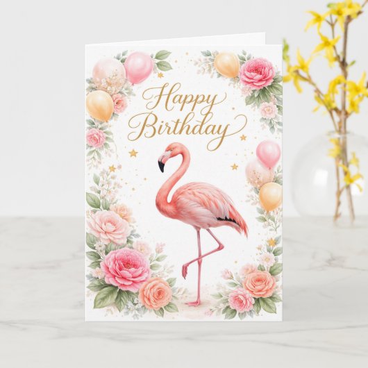 Vintage Pink Flamingo Birthday Kaart (Gele Bloem)