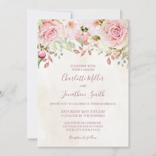 Vintage Pink Floral Spring Wedding Invitations Kaart (Voorkant)