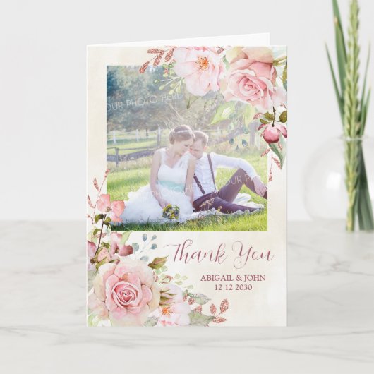 vintage Pink Floral Spring Wedding Thank You Photo Bedankkaart (Voorkant)