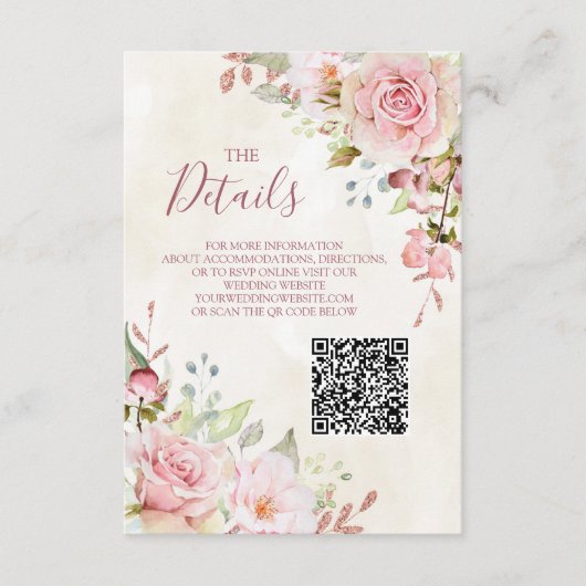 Vintage Pink Floral Wedding QR code Details Insert Informatiekaartje (Voorkant)