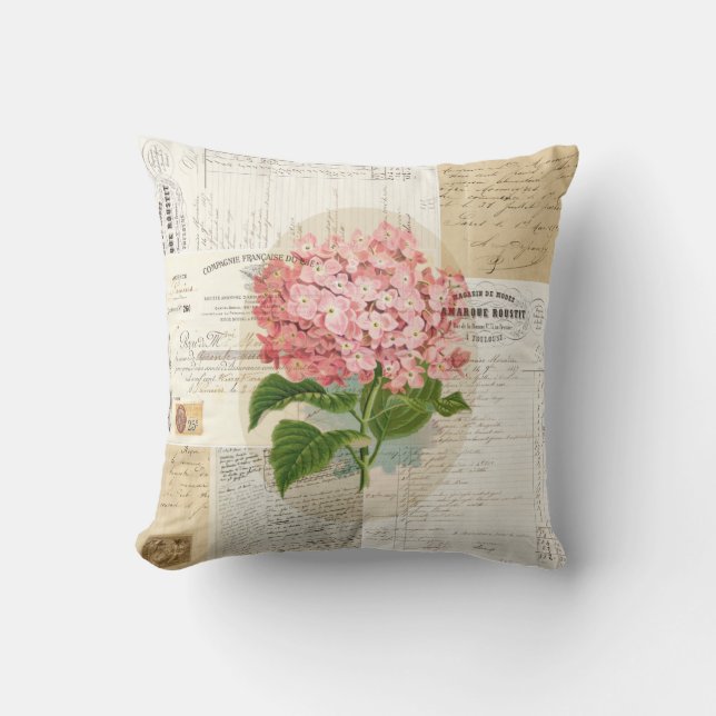 Vintage Pink Hydrangea French Ephemera Pillow Kussen (Voorkant)