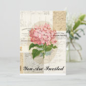 Vintage Pink Hydrangea French Ephemera Uitnodiging (Staand voorkant)
