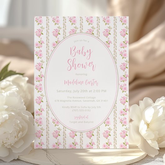 Vintage Pink Rose Baby Shower Kaart