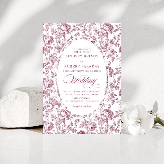 Vintage Pink Rose Pattern Toile Wedding Invitation Kaart
