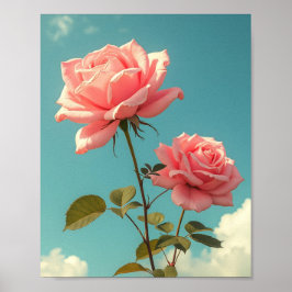 Vintage Pink Roses Blue Sky Botanical Floral Art Poster