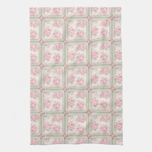 Vintage Pink Roses Patchwork Theedoek (Verticaal)